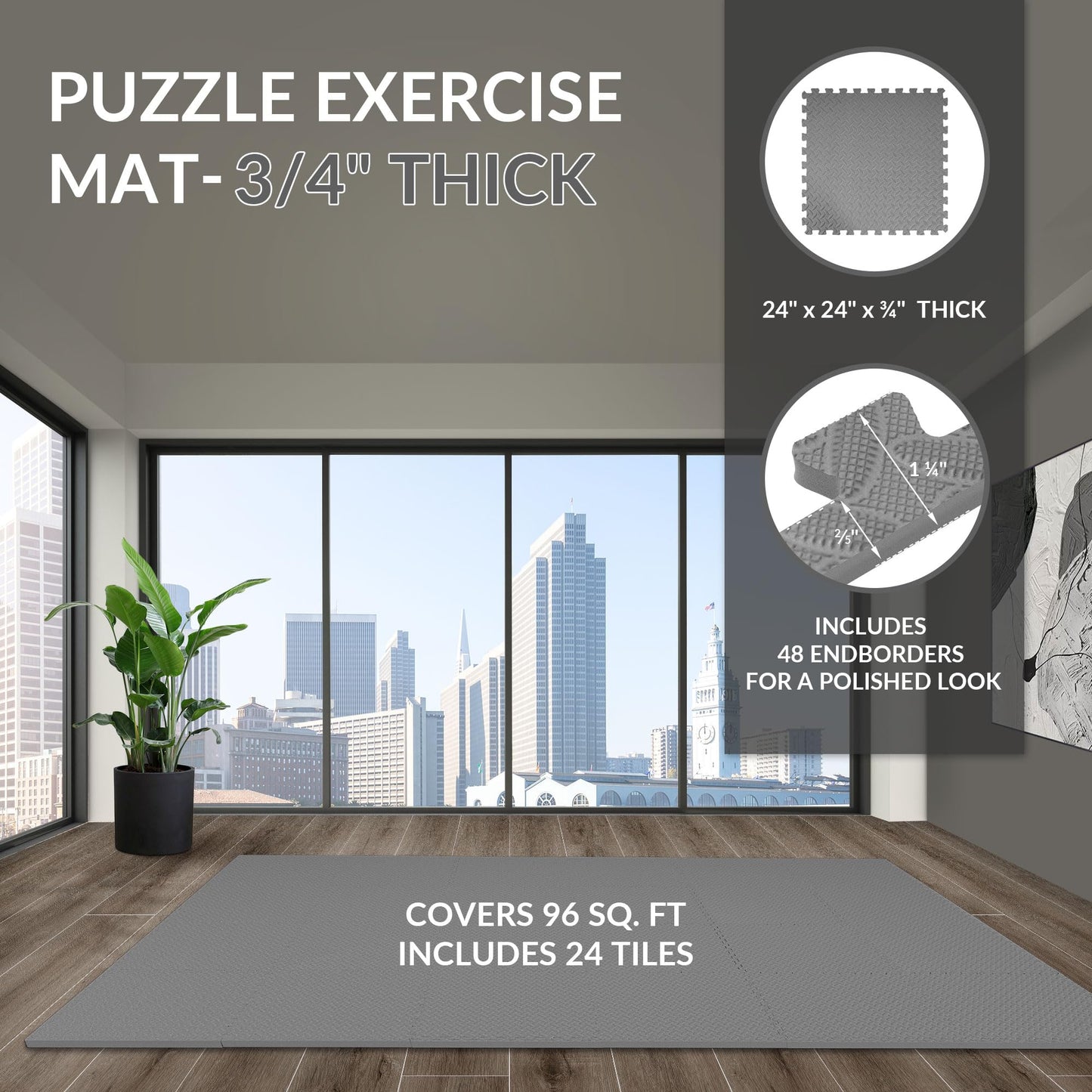 Fitvids Puzzle Exercise Gym Flooring Mat, 3/4" Thick High-Density EVA Interlocking Tiles, Workout Mat for Home Gym, Fitness Equipment, MMA, Gymnastics, 24-Piece Shock-Absorbing Exercise Mat (96 Sq Ft)
