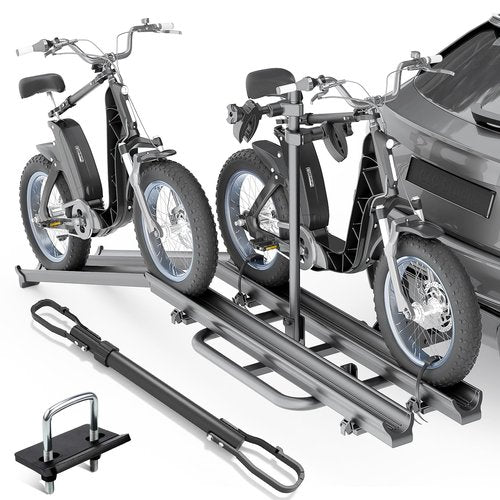 YZONA 2 EBike Rack with Cross Bar, 5" Fat Tire Carrier with Ramp, 200 LBS Capacity Bike Racks, Lockable & Foldable Electric Bicycle Racks Platform, Fits 2" Standard Hitch for SUVs Cars Trucks Vans