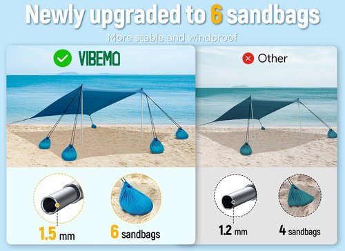 Vibemo Beach Tent, UPF50+ Sun Shelter, 10x10ft Outdoor Canopy with Sandbags, Ground Pegs, Stability Poles & Sand Shovel, Portable Sun Shade for Traveling, Camping, Fishing, Picnics & Backyard Fun
