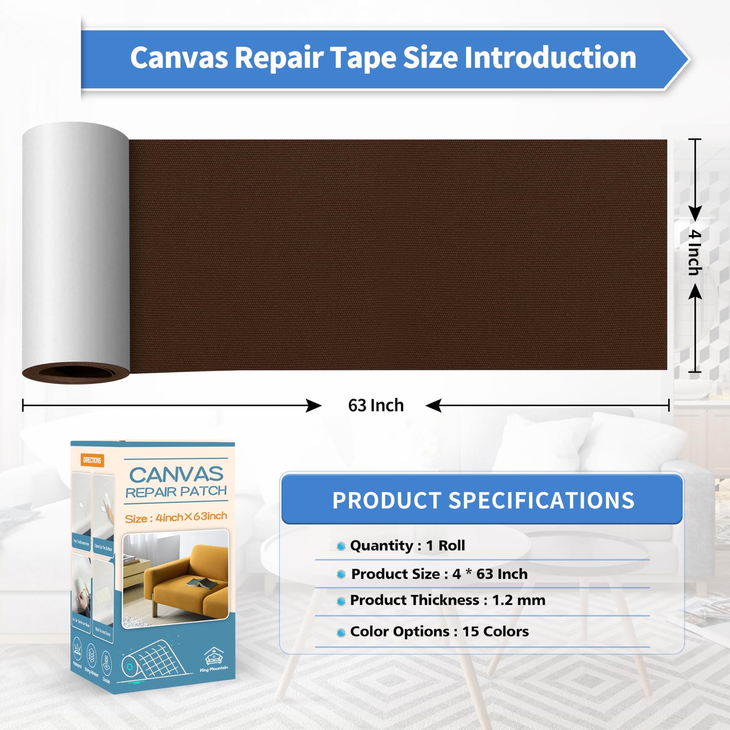 KING MOUNTAIN Canvas Repair Tape,Outdoor Gear Patch, 4×63 Inches,Waterproof,Self-Adhesive for Repairing Boat Covers,Sun Shades,Sofas,Tents,Lounge Chairs,Awnings (Dark Brown)