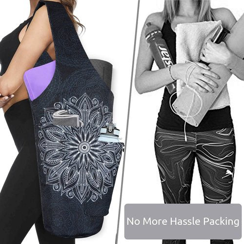 Yoga Mat Bag - Large Opening Long Tote Yoga Mat Carrier Holder Bag with Waterproof Wet Zipper Pocket and Drawstring Water Bottle Pocket - Yoga Bag Fit Most Size Mats - Mandala