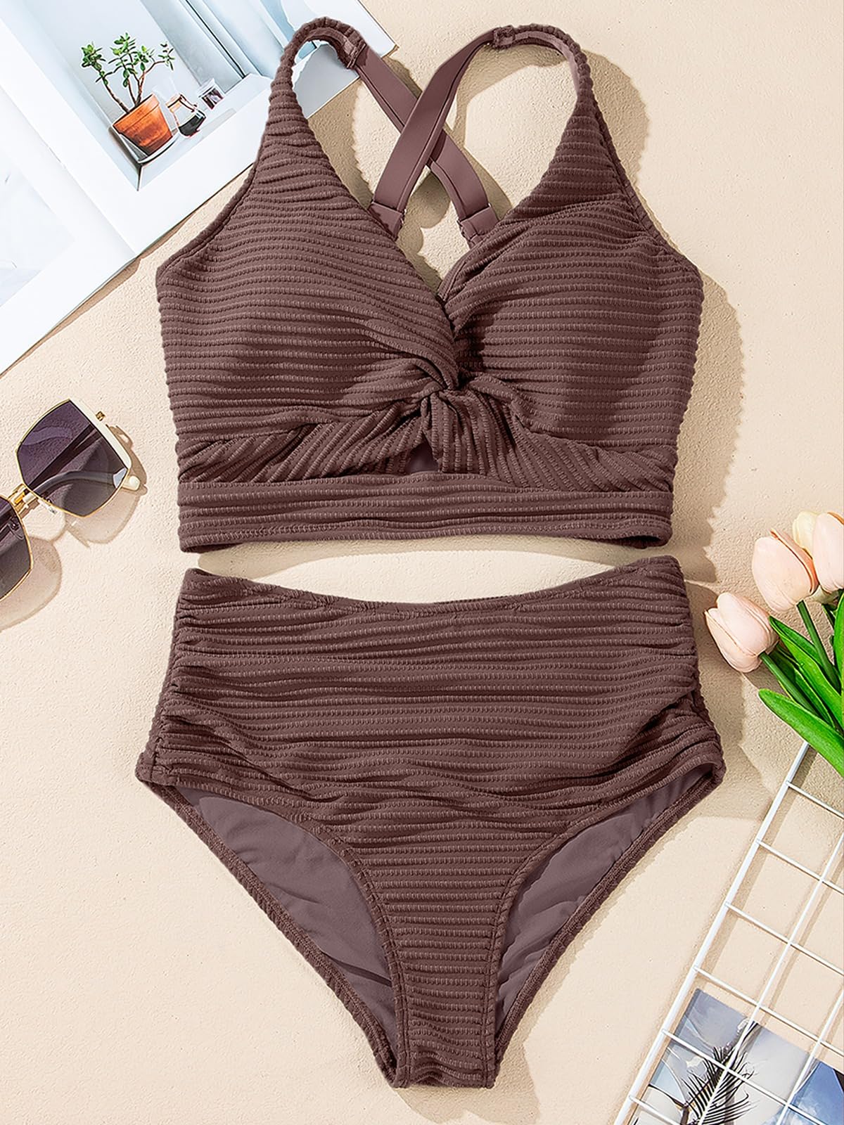 Herseas Textured Bikini Sets for Women 2026 Summer V Neck Top 2 Piece Swimming Suit High Rise Bikini Bottom Tummy Control Bathing Suit Slimming Resort Wear Dark Brown Medium