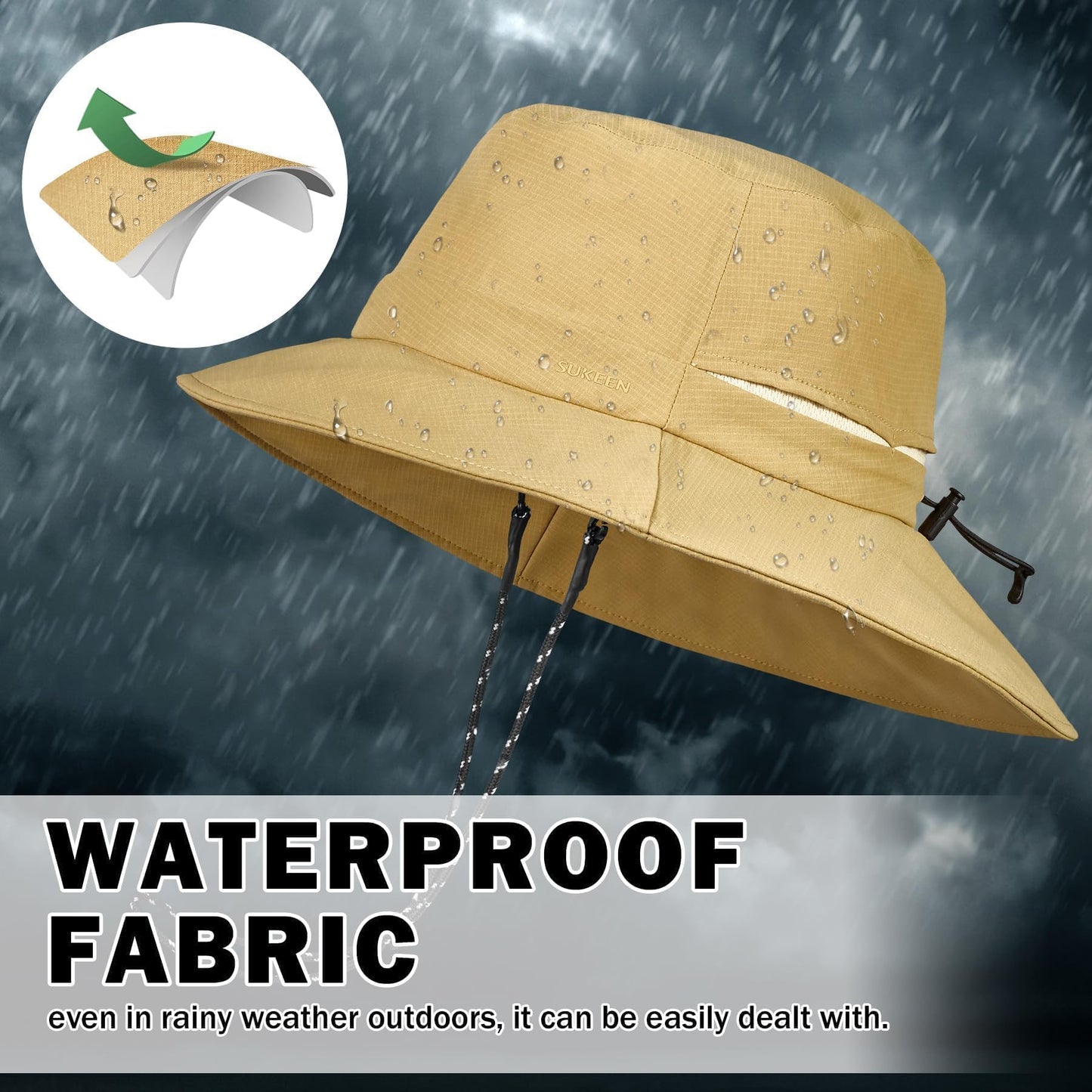 Sukeen Bucket Hat, Waterproof, Skin-Friendly, Shields Neck, Quick-Dry, Sun Hat for Fishing, Outdoor Bonnie hat, Khaki