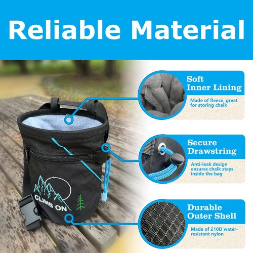 Chalk Bag for Rock Climbing, Bouldering, Top Rope | Includes Carabiner, Adjustable Belt, 2 Zippered Pockets, Wide Opening | Climb On