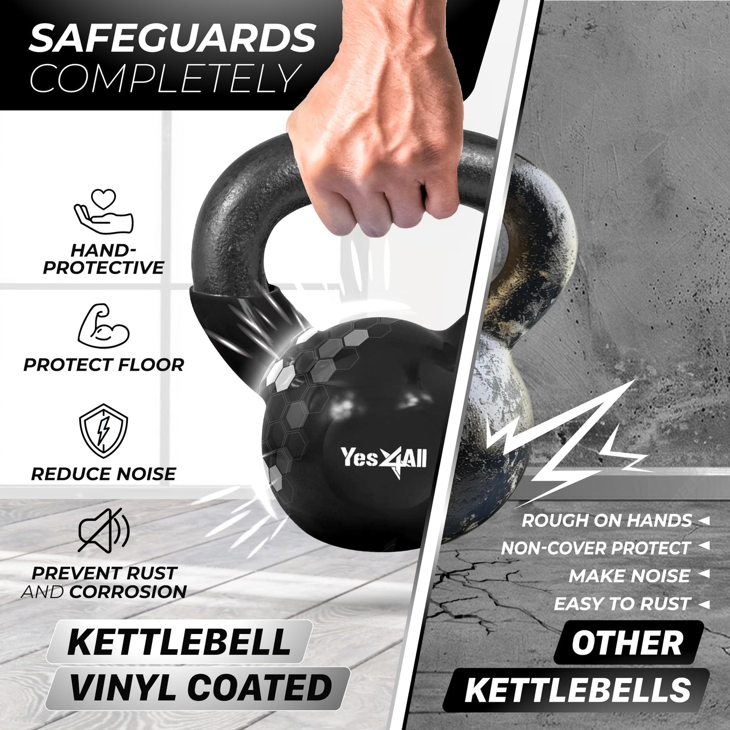 Yes4All Kettlebells 5 10 15 20 25 30 lbs Set Weight Vinyl Coated Cast Iron for Dumbbell Weights Exercises, Gym, Fitness, Full Body Workout Equipment Push up, Grip and Strength, Black