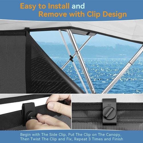 Detachable Clip in Bimini Top Mesh Sidewalls, Boat Sun Shade Universal Fit for 4 Bow Bimini Tops, with Straps Clips (Bimini Tops Not Included)