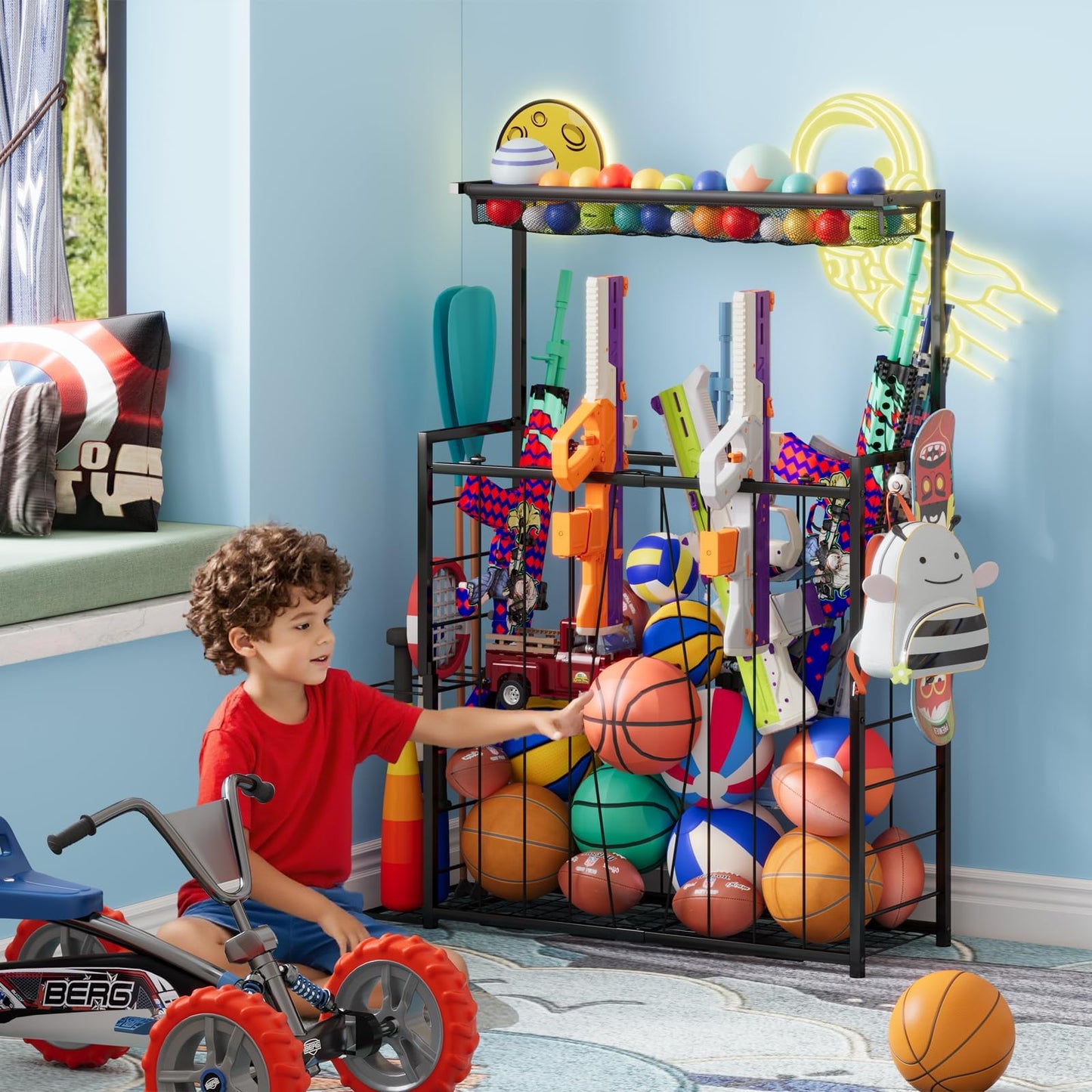 Large Sports Equipment Organizer, Garage Storage Ball Rack with Elastic Straps and 3 Hooks, Outdoor Toy Organizer Stand, Garage organization Storage Rack for Basketball, Football, Soccer, Volleyball