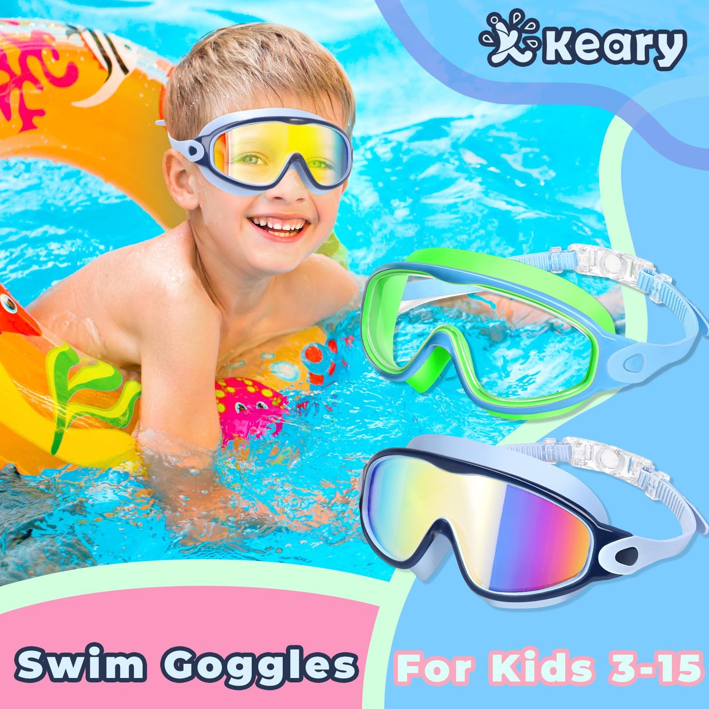 Keary 2 Pack Swim Goggles for Kids 6-14 8-14 Kids Swimming Goggles Age 3-15 4-7 4-16 8-12 for Boys Girl Youth Toddler Children Pool Water Goggle Anti Fog UV Protection Clear Wide View Waterproof