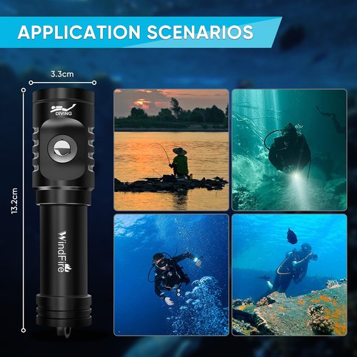 WINDFIRE Dive Light Scuba Diving Flashlight, Super Bright Rechargeable Waterproof Torch with Power Indicator, 3 Modes Underwater Lights, Scuba & Snorkeling Safety Dive Lights for Night Diving