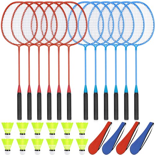 Chitidr 12 Pack Badminton Rackets Set Including Rackets, Nylon Shuttlecocks and Carry Bag for Outdoor Backyard Games Beginners (Red, Blue)