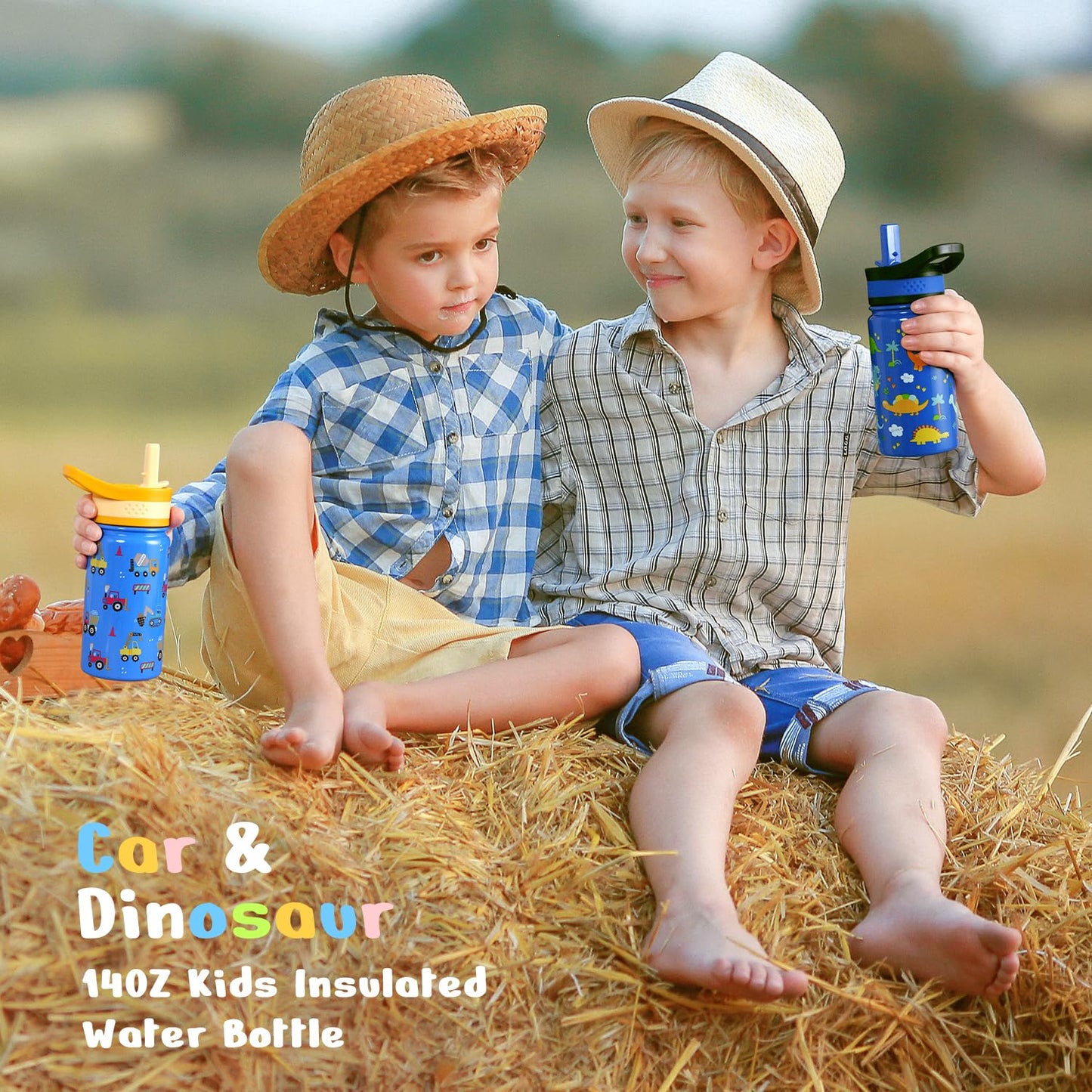 2 Pack Insulated Kids Water Bottle, BUZIO 14oz Stainless Steel Water Bottles with Tritan Straw Lid, BPA-FREE Lead-Free Double Wall Leak Proof Drink Cups Flask for School (Blue Car +Blue Dinosaur)