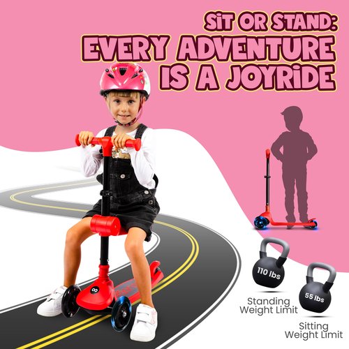 SereneLife 3 Wheel Foldable Kids Scooter - Foldable Seat, LED Wheel Lights, Adjustable Handlebar, Rear Foot Brake, Lean-to-Steer, Anti-Slip Deck, Ideal for Toddlers Kids 3+, up to 110Lbs, Red