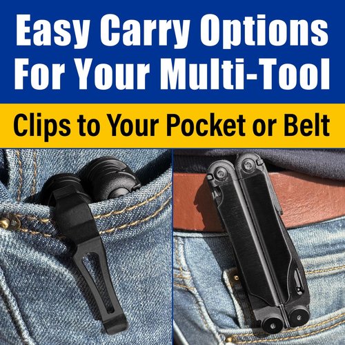 [2-Pack] 2 Black Quick Release Pocket Clips + 2 Black Lanyard Rings Compatible With Leatherman Wave & Charge MultiTools - Stainless Steel Pocket Clip Won't Bend Or Snap - Install Or Replace In Seconds