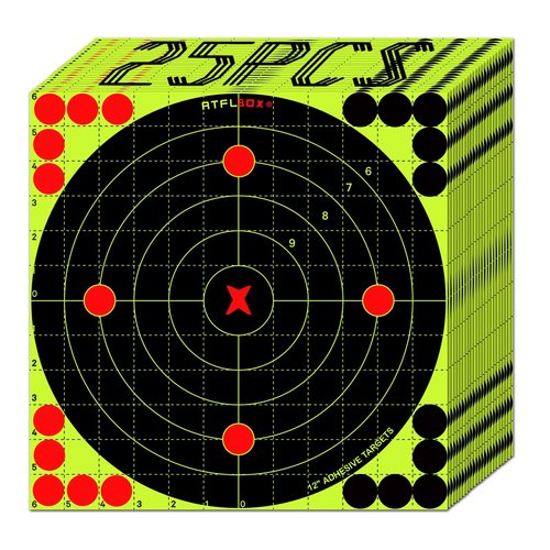 ATFLBOX 12X12 Inch Splatter Adhesive Bullseye Fluorescent Yellow Shooting Target Stickers, Sight in Shooting Range Paper Targets, Rective for Handguns, Rifle, Pistol, Pellet Guns, BB Gun (25 Pack)