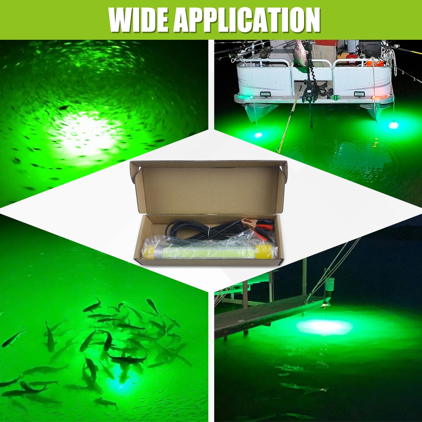 JOGFFDE Underwater Fishing Light 30000 Lumens 50W 12V 16.5ft Wire Green Night Fishing Finder Attractor LED Submersible Light Deep Drop Fish Bait Finder for Docks, Boats,Kayaks