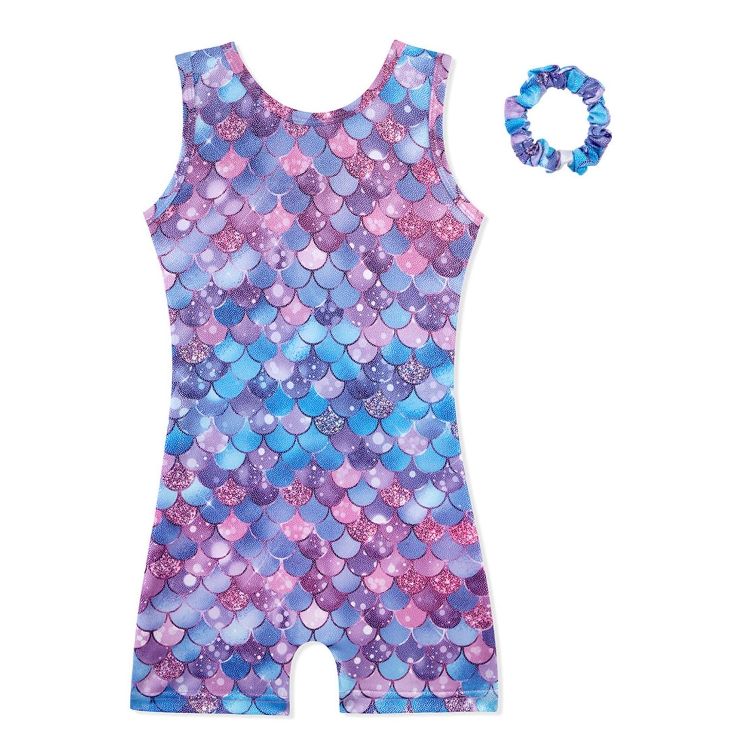 HOZIY Leotards for Girls 7/8 Years Old Kids Criss Cross Back Gymnastics Sparkly Biketards Tumbling Unitards Outfits Activewear Blue Purple Mermaid with Scrunchie