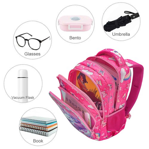 usmikeys Pink Unicorn Girls Backpack Cute Kids School Bag for Elementary Toddler Kindergarten Preschool, Children's Bookbag Travel Back Pack With Chest Strap 15"