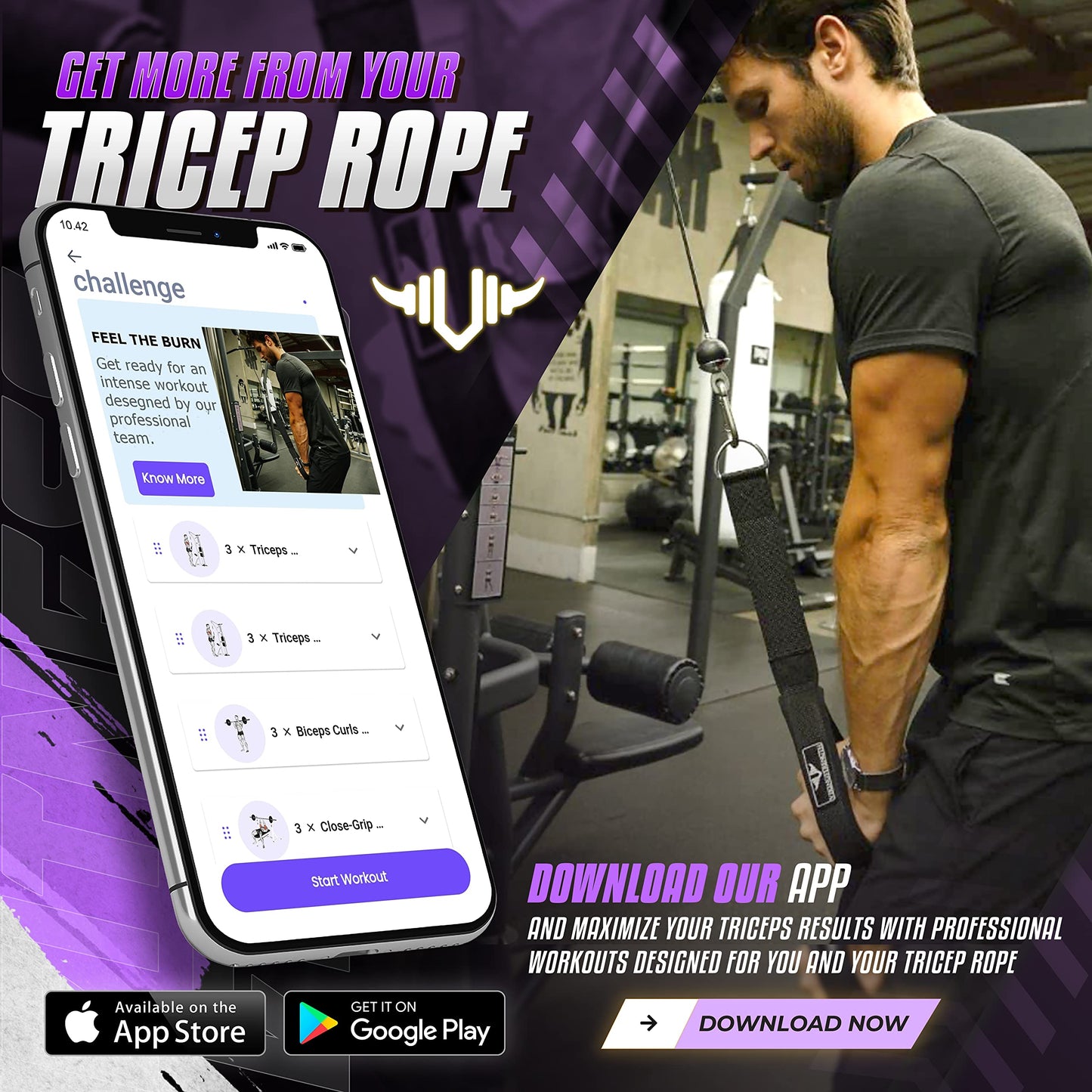 VIKINGSTRENGTH Patented Tricep Rope Cable Attachment - Enhanced Length for Maximum Muscle Engagement - Comfortable Anti-Slip Grip - Versatile for All Cable Machines + V-Strength Workout App