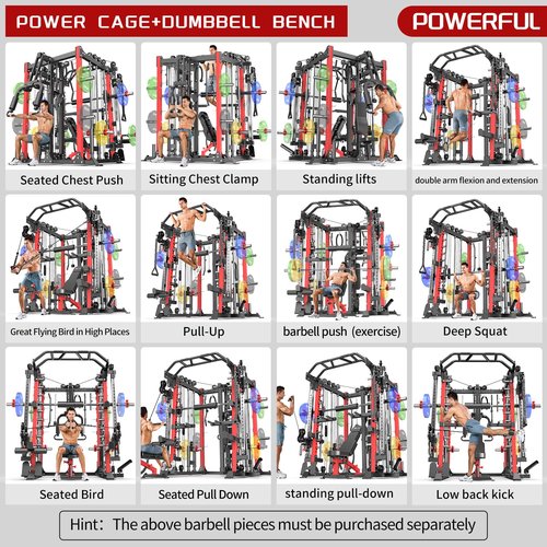 Power Cage Smith Machine Power Rack Multifunctional Deep Squat Rack Cable Crossover System Selectable More Training Attachment for Garage & Home Gym (RED, B Set L07 Smith Machine+Weight Bench)