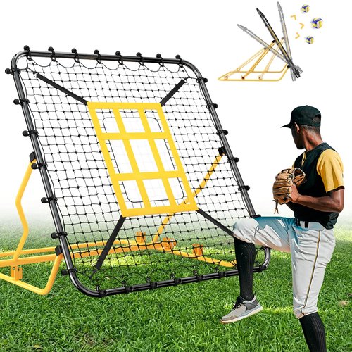 Baseball Rebounder Net 4x4.5FT Pitch Back Baseball Rebounder with Strike Zone & 9-Grid Target Adjustable Pitching Net for Grounders Batting Pitching Fielding Bounce Back Softball Volleyball Soccer Net