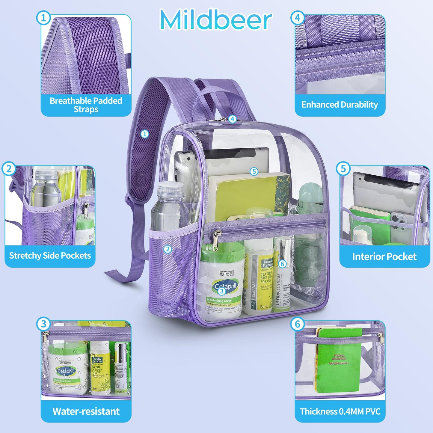 Mildbeer Small Clear Backpack, Stadium Approved 12x12x6 Clear Backpack for Women with 2 Bottle Holders for Festival Concert Sports Events