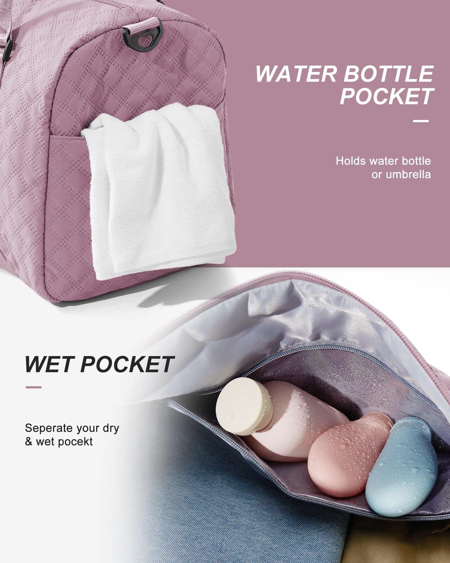 Gym Duffle Bag for Women with Shoe Compartment Waterproof Travel Tote Bags Personal Item Carry On Weekender Overnight Bags with Toiletry Bag Swimming Yoga Bags Hospital Holdalls Purple