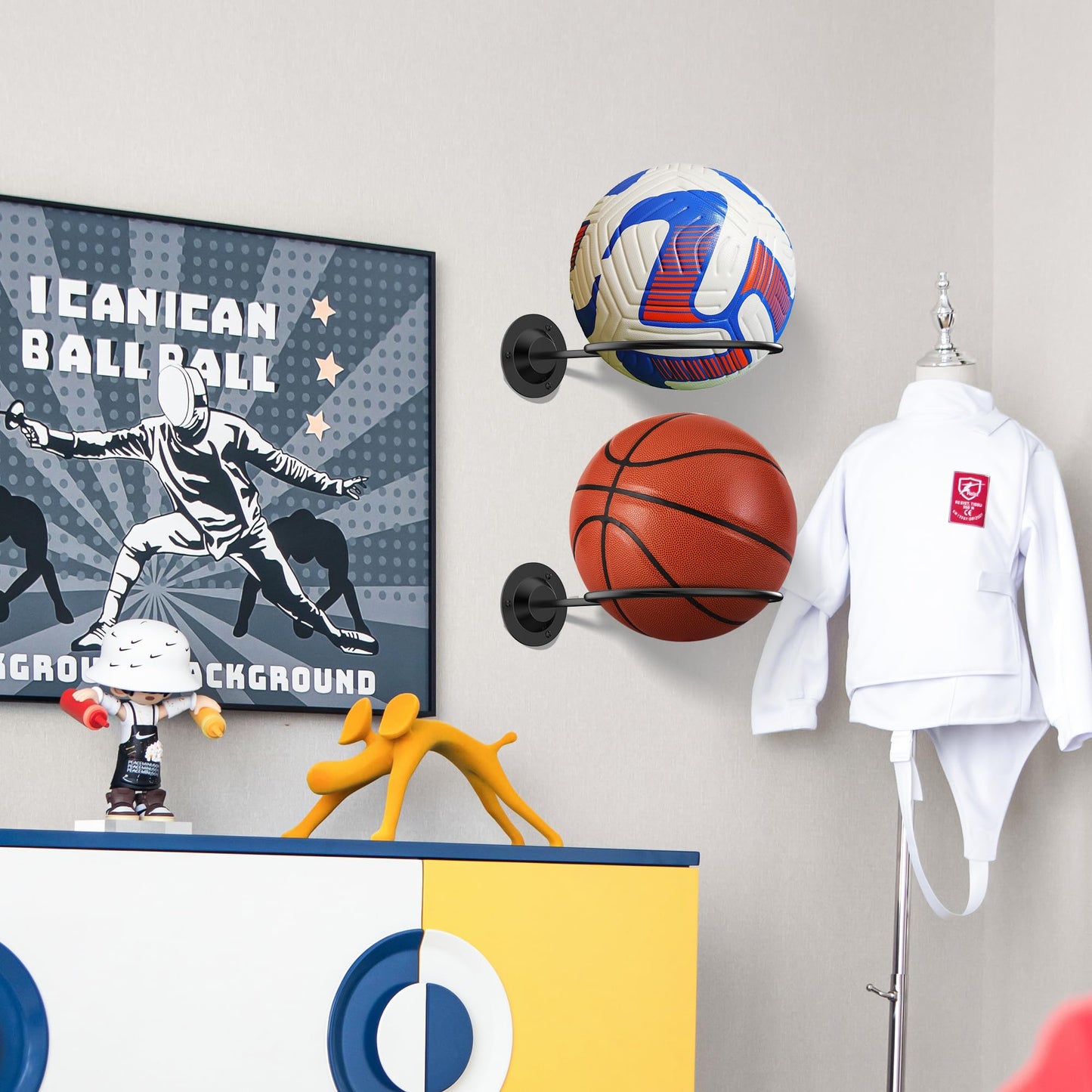 S SUCHEK Basketball Holder Wall Mount, Ball Holder Wall Mount, Ball Display Wall Storage for Basketball, Soccer Ball, Volleyball, Football, Rugby(4 Pieces, Black)
