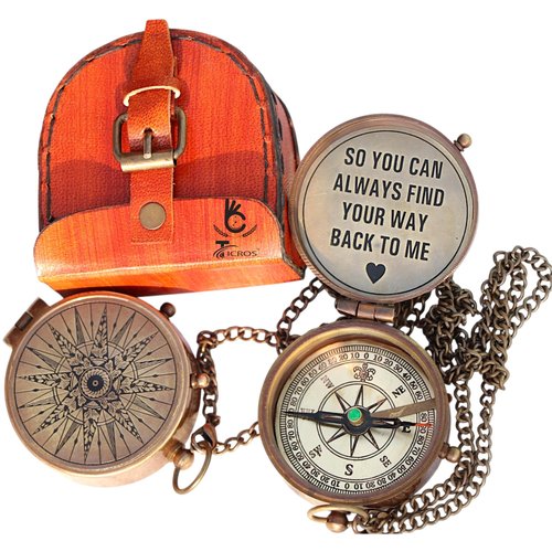 Vintage Brass Compass with Engraved Quote – “So You Can Always Find Your Way Back to Me” – Antique Nautical Compass Gift for Men, Women, Husband, Wife, Son with Leather Case