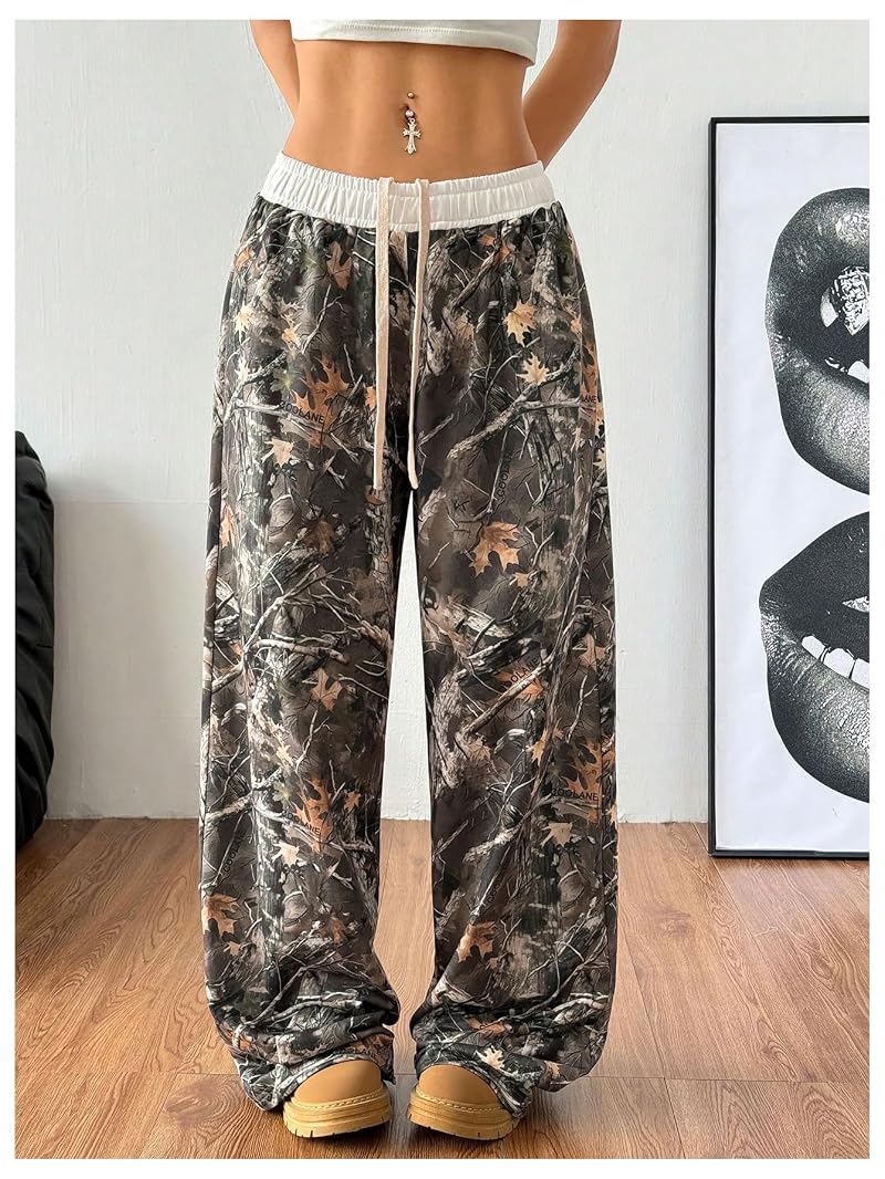 SOLY HUX Women's Camo Wide Leg Sweatpants - Green Camo, Medium