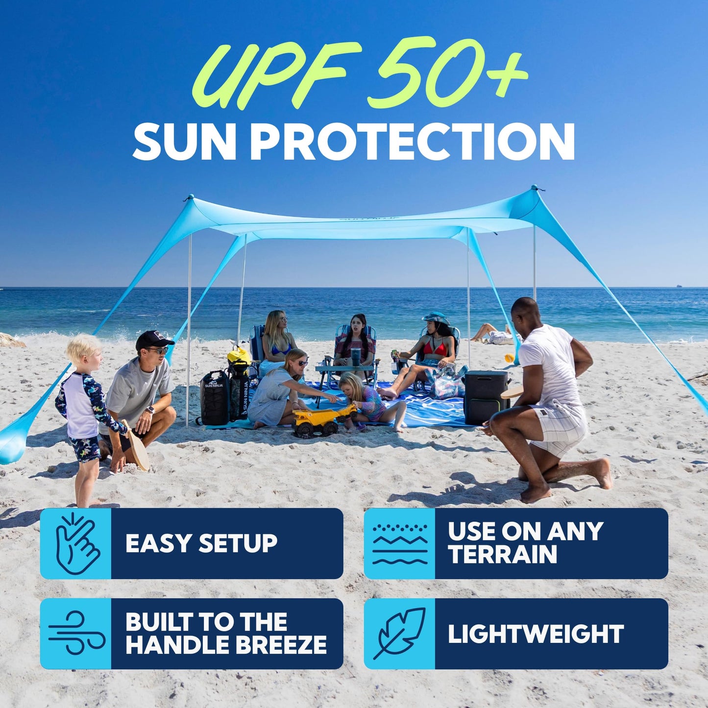 SUN NINJA Beach Tent Shelter with UPF50+ Protection, Includes Sand Shovel, Ground Pegs, Stability Poles, Outdoor Pop Up Shade Canopy for Camping, Fishing, Backyard Fun (Royal Blue, 5x5 FT 4 Pole)