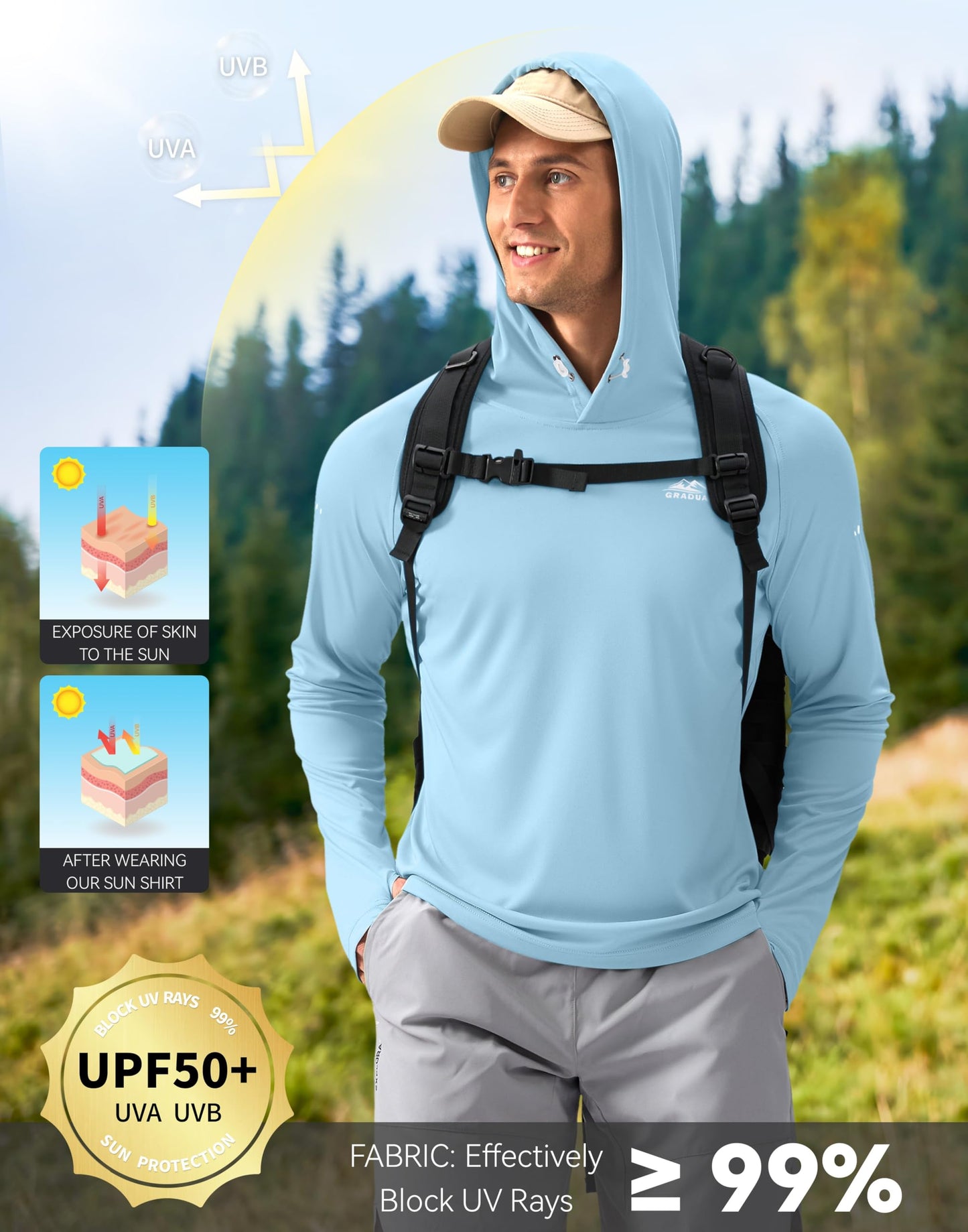 Men's Sun Protection Hoodie Shirt UPF 50+ Long Sleeve Fishing Rash Guard UV SPF Summer Lightweight Hiking Shirt for Men
