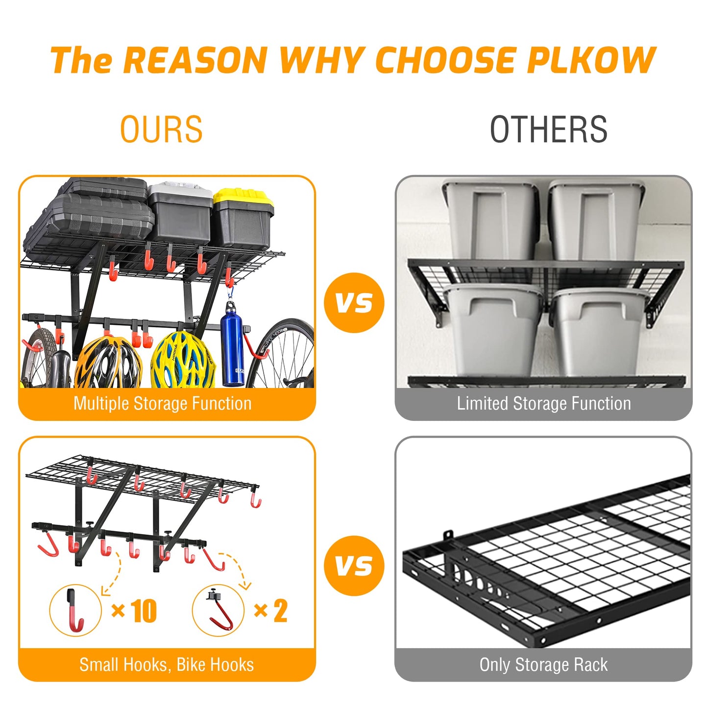 PLKOW Garage Wall Shelving 1 Pack Includes 2 Bike Hooks, Wall Shelves Garage Organizer with Vertical Bike Hanger, Powder Coated Steel (1 Pack)
