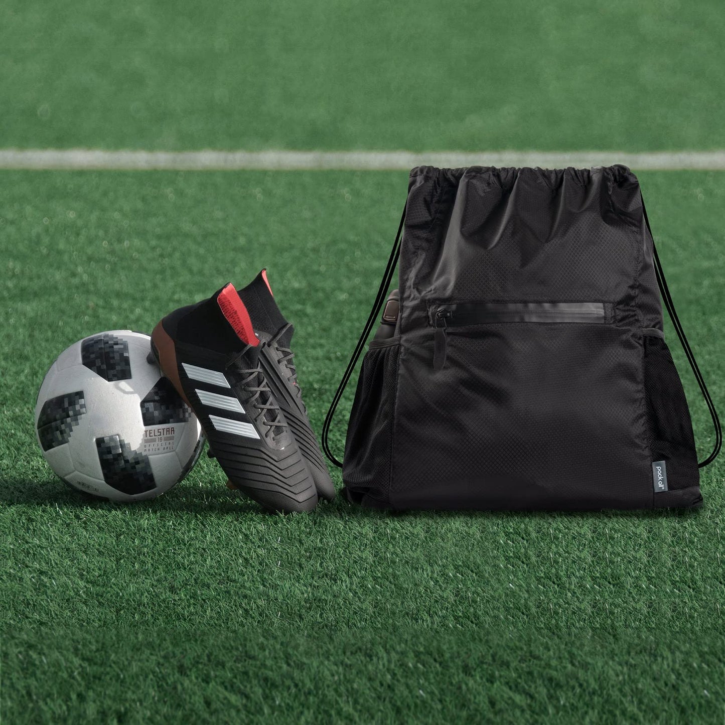 pack all Drawstring Bag Backpack, Water-Resistant Sports Gym Sack Bag, Lightweight Training String Bag with Waterproof Zipper Pocket and Water Bottle Holder(Black)