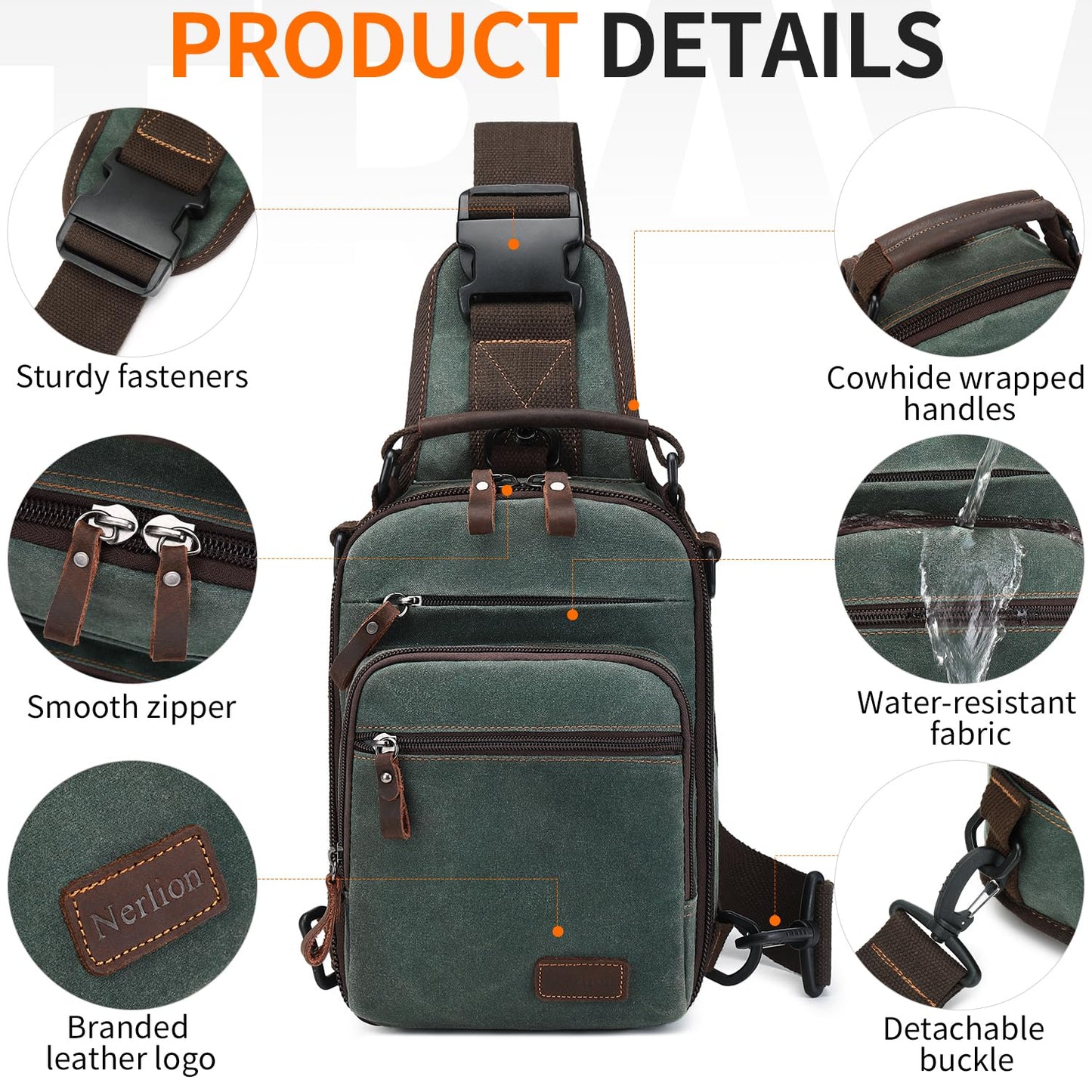 Nerlion Sling Bag for Men Waxed Canvas Crossbody Bag Chest Bag Shoulder Bag Casual Daypack for Travel (Green)