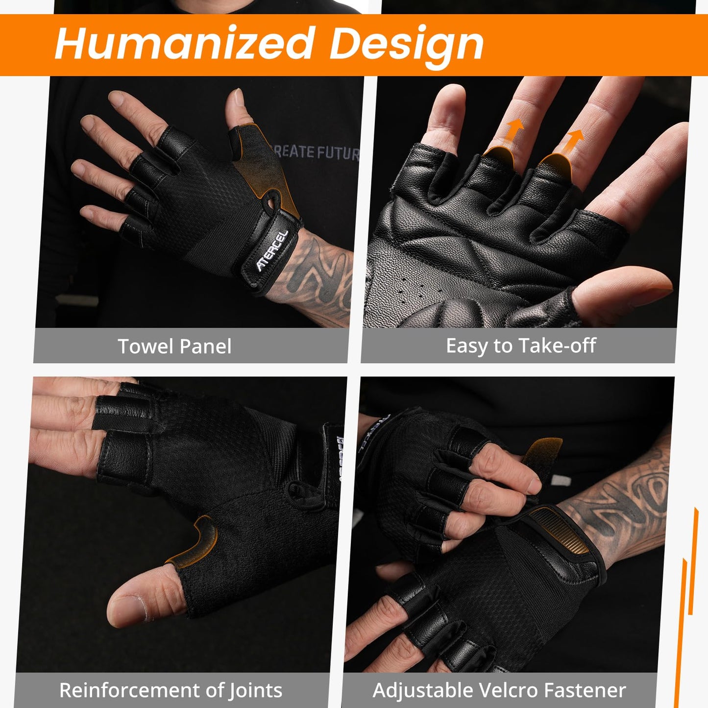 ATERCEL Premium Leather Workout Gloves, Ideal for Men and Women, Suitable for Weightlifting, Gym, Cycling (Black, Medium)