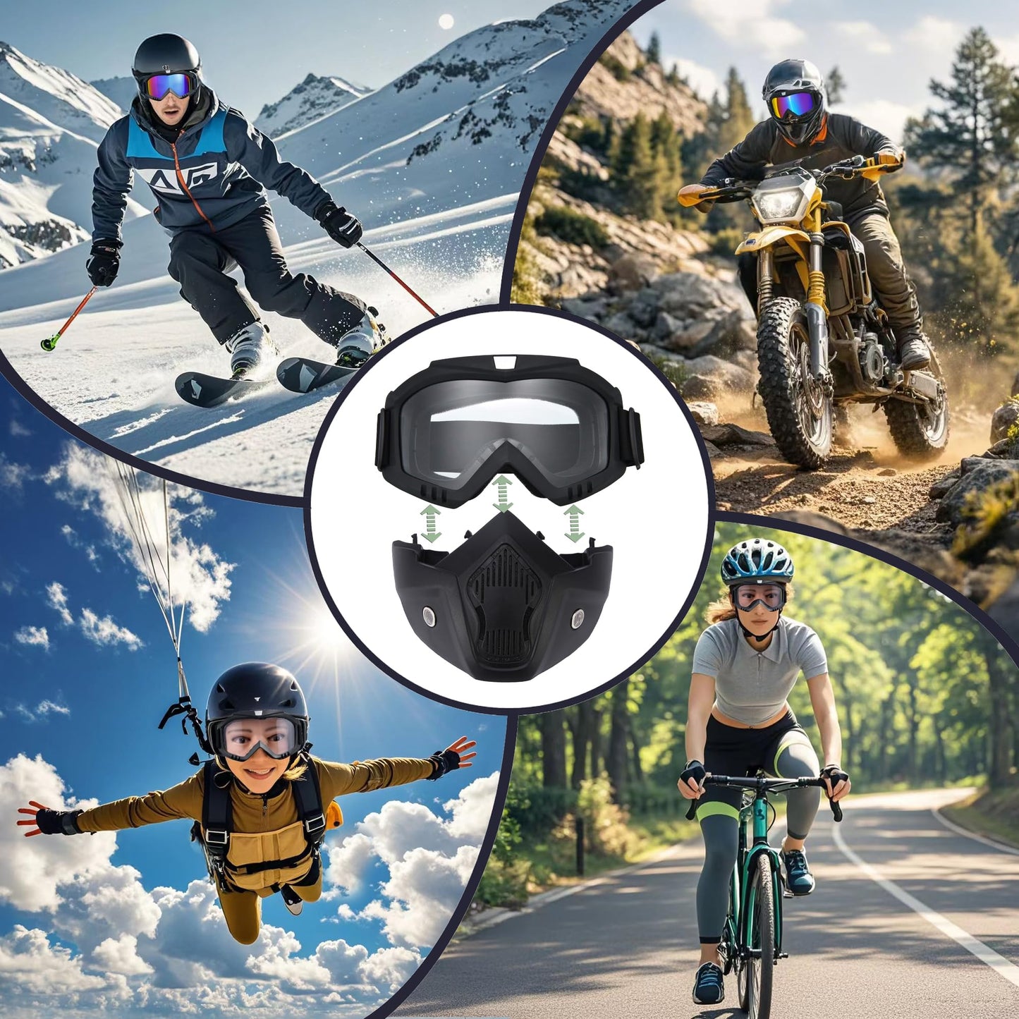 Motorcycle Goggles Dirt Bike ATV Motocross Anti-UV Adjustable Riding Offroad Protective Combat Tactical Clear Glasseswith Removable Face Mask Men Women