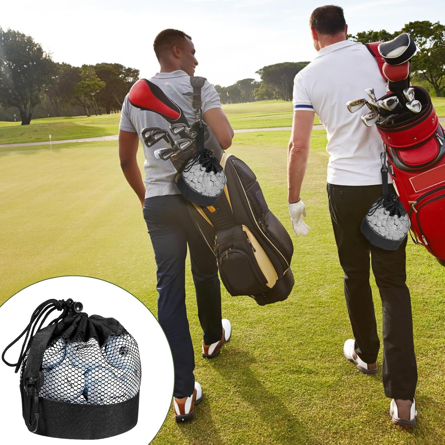 2 Pcs Golf Ball Storage Bag, Mesh Golf Ball Bags Nylon Golf Ball Pouch Drawstring Ball Shag Bag Breathable Bag Organizer for Billiards, Tennis, Kids Toys Storage (Black)