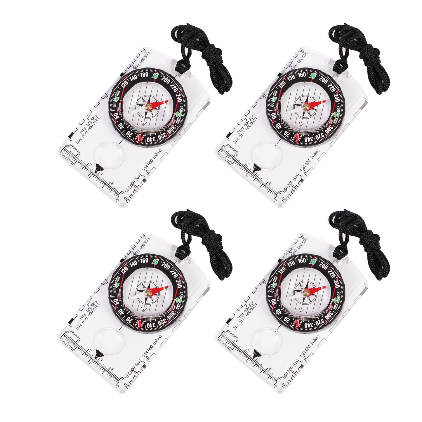 4 Pcs Outdoor Compass with Adjustable Declination,Magnifier,Ruler,Scale. Multifunctional Orienteering Waterproof Compass for Map Reading, Navigation, Hiking (4 Pack Transparent)