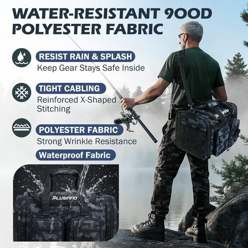 PLUSINNO Tackle Bag - Expandable Fishing Bag for Saltwater & Freshwater - Water Resistant Fishing Gear