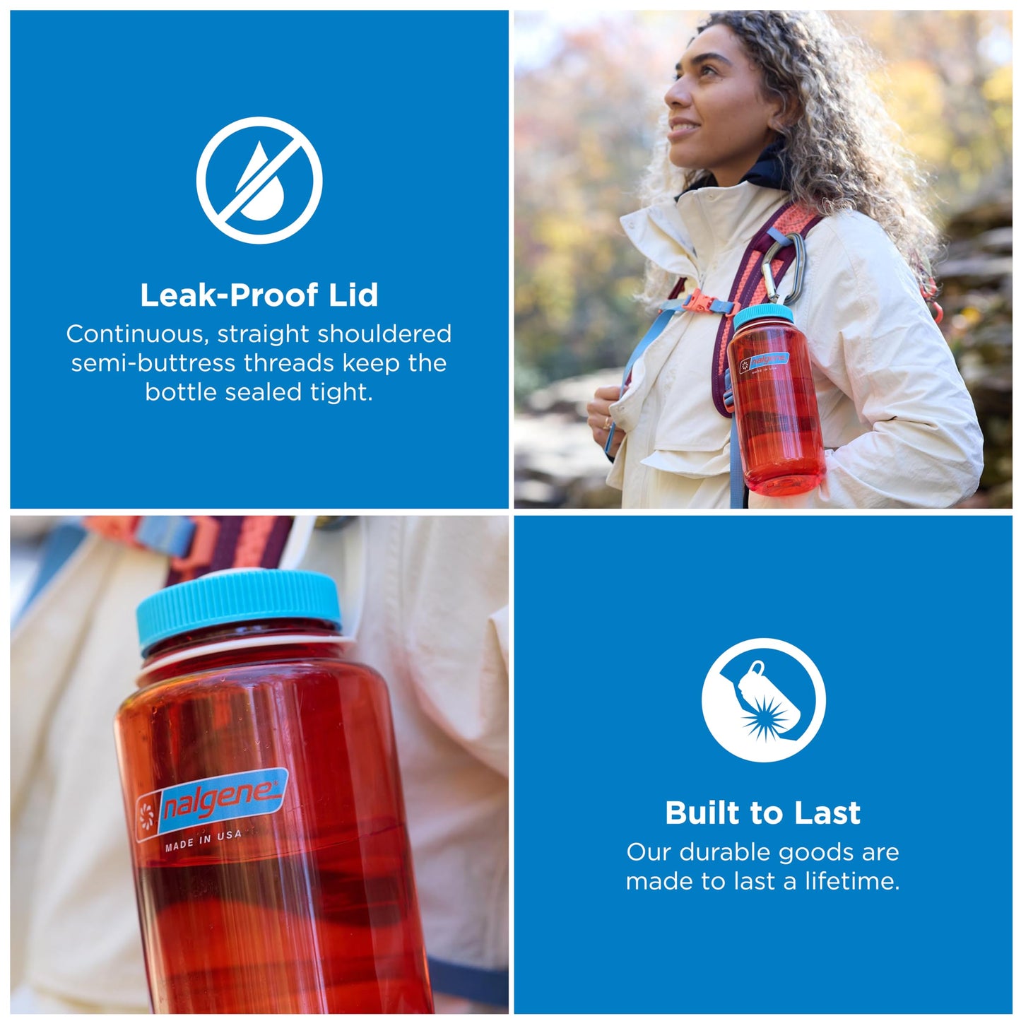 Nalgene 32 oz Wide Mouth Water Bottle | BPA-Free, Durable & Leak Proof, Lightweight for Hiking, Work & Gym – Thrill & Motion, Flame w/Blue Atoll