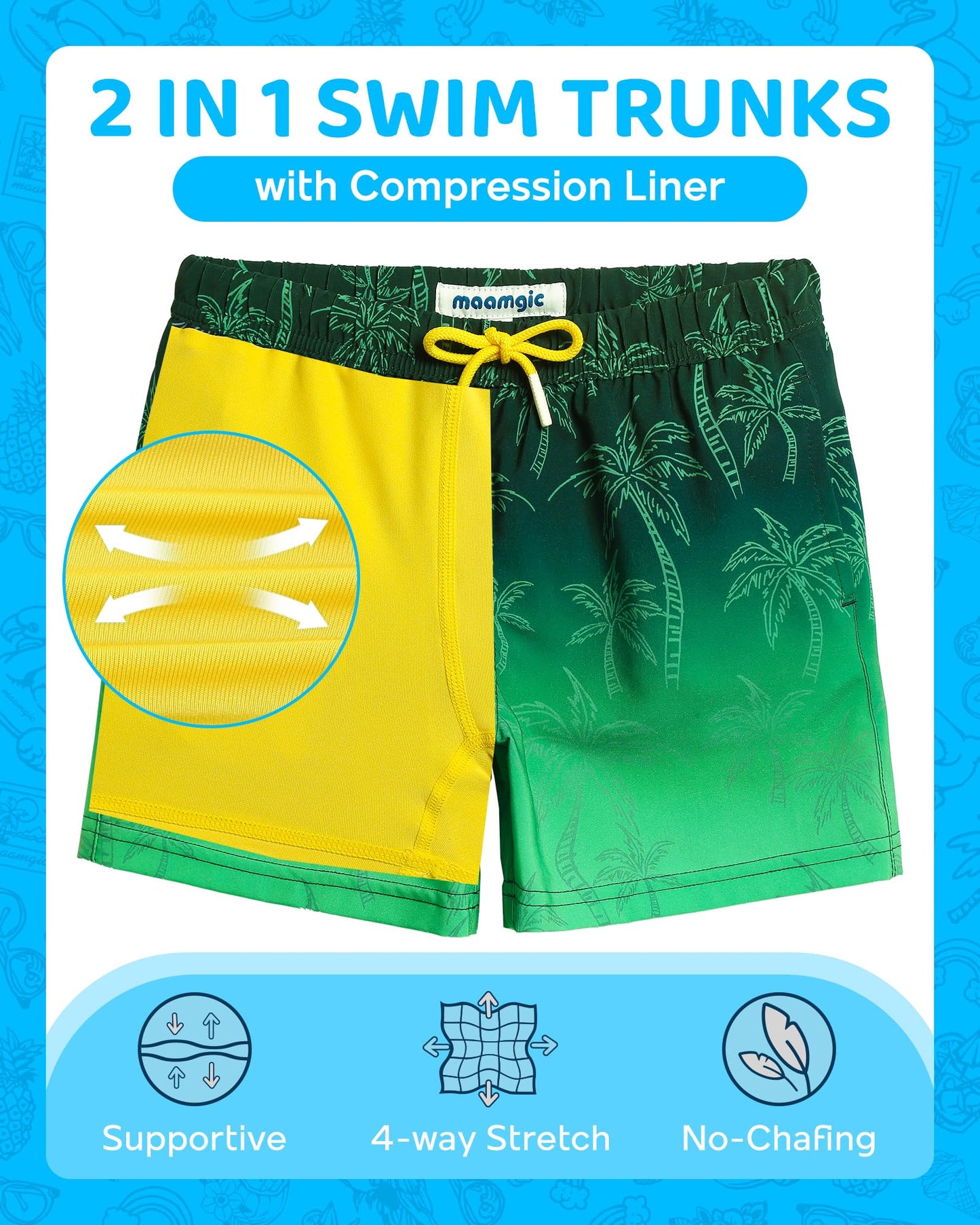 maamgic Boys Swim Trunks with Compression Liner 4-Way Stretch Quick Dry Bathing Suit Toddler Beach Shorts Green Coconut 4T