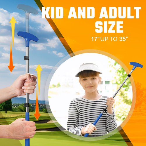 Go For It Golf Kids Putter - Extendable Shaft for Junior Golfers - Adjustable Size for Right and Left Hand - Perfect Training Club for Kids - Includes 3 Balls, Cup with Flag - Blue, 17"-35"