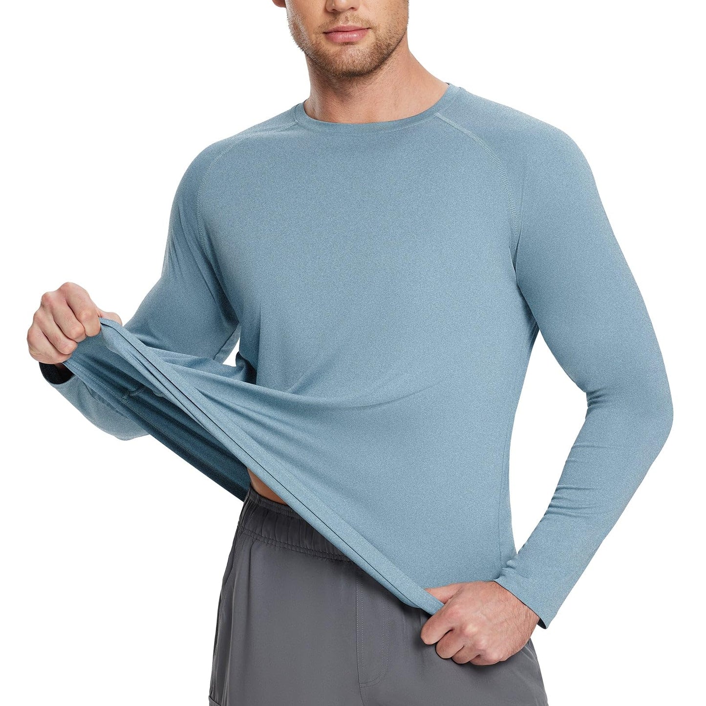 baleaf Men's UPF 50+ Long Sleeve Shirts Soft Rash Guard Breathable Lightweight Workout Running Hiking Tops Light Blue L