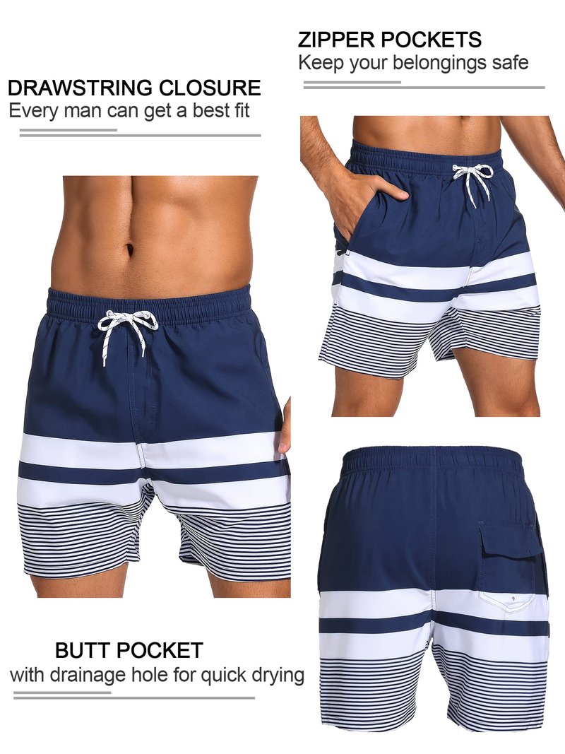 SILKWORLD Quick Dry Mens Swim Trunks with Compression Liner Stretch Swim Shorts Bathing Suits with Zipper Pockets,Dark Navy&White Stripes,Large