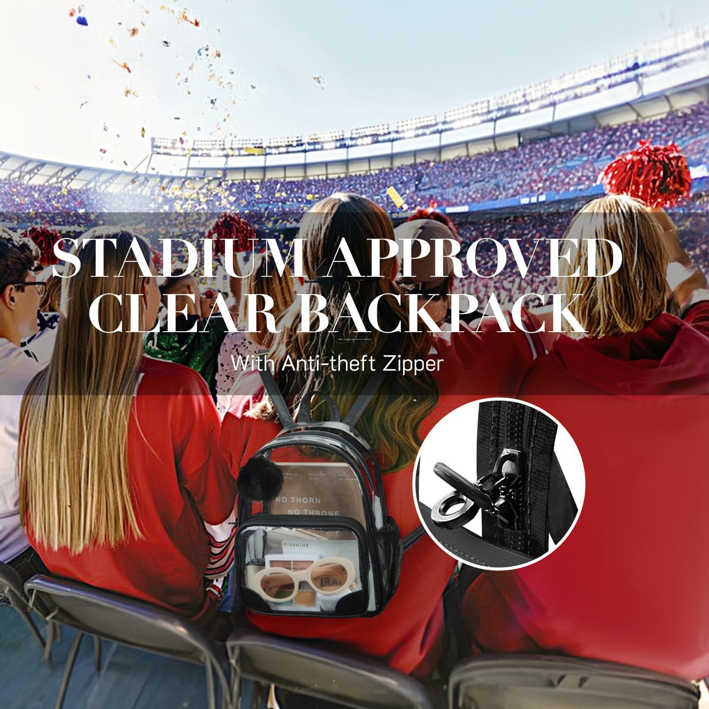 Missnine Small Clear Backpack for Stadium Events Anti-theft Mini Clear Bag for Sport Event Concert with Cute Pom-pom Ball