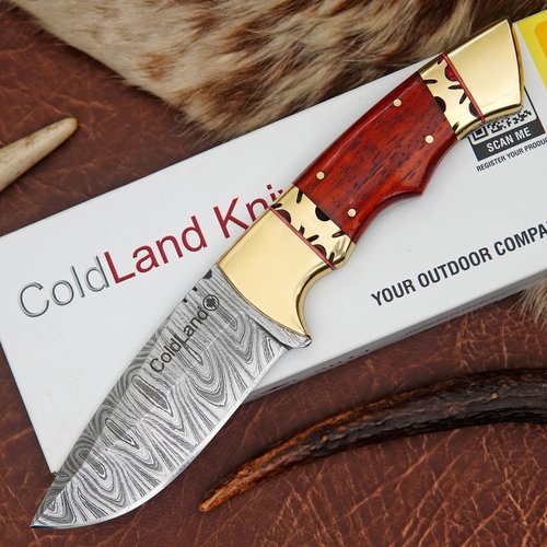 ColdLand Damascus Hunting Knife - 8.75 Inch Fixed Blade Knife with African Red Padauk Wood & Brass Bolster Handle - Full Tang Hunting Knives with Sheath for Picnic, EDC & Camping - NAK31