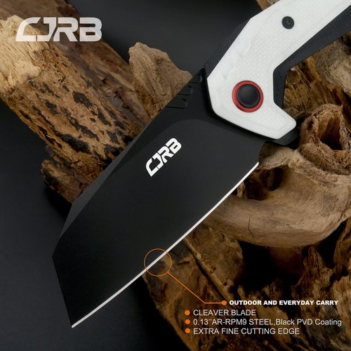 CJRB Tigris Pocket Knife, Folding Knife with AR-RPM9 Powder Steel Black PVD Blade Black & White G10 Handle for EDC Camping Hunting (J1919)