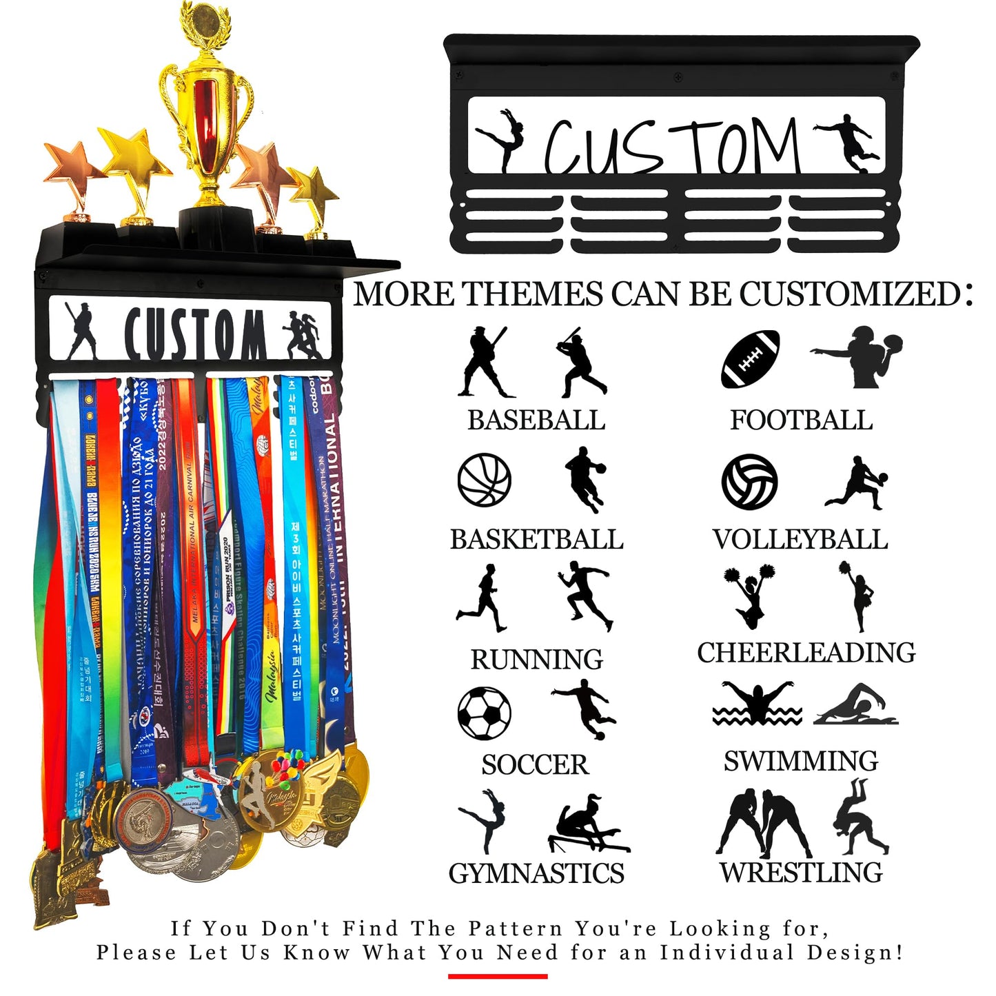 Personalized Medal Wall Hanger with Shelf - 70+ Medal Display Rack with Custom Name Engraving - Stainless Steel, Secure Hooks - Running Race Medals + Trophies/Photos Holder for Homes/Gyms/School