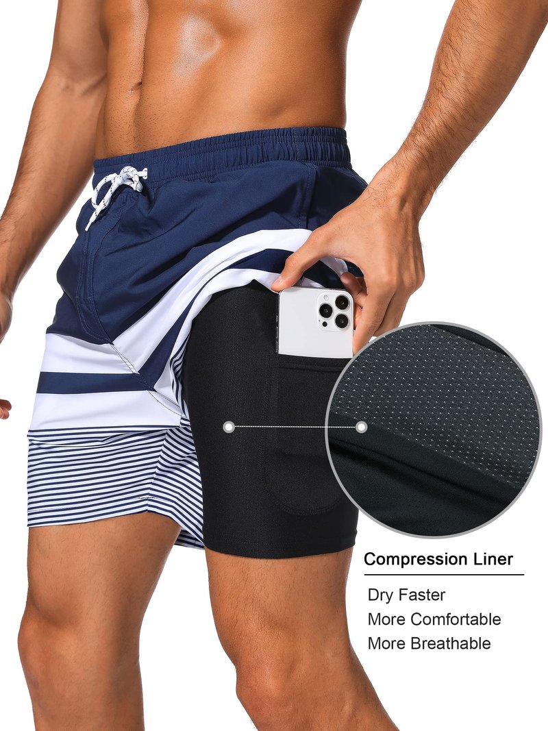 SILKWORLD Quick Dry Mens Swim Trunks with Compression Liner Stretch Swim Shorts Bathing Suits with Zipper Pockets,Dark Navy&White Stripes,Large
