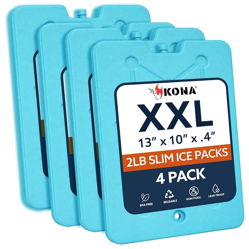 Kona XXL Ice Packs 4-Pack 13x10in - Reusable Slim Freezer Packs, Fast Freeze (-5°C)